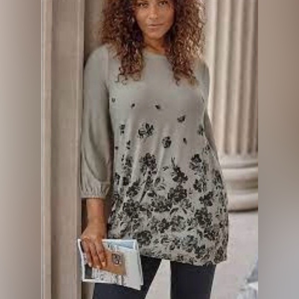NWT J.Jill Wearever Women’s Grey Floral 3/4 Sleeve Tunic Top | Size M